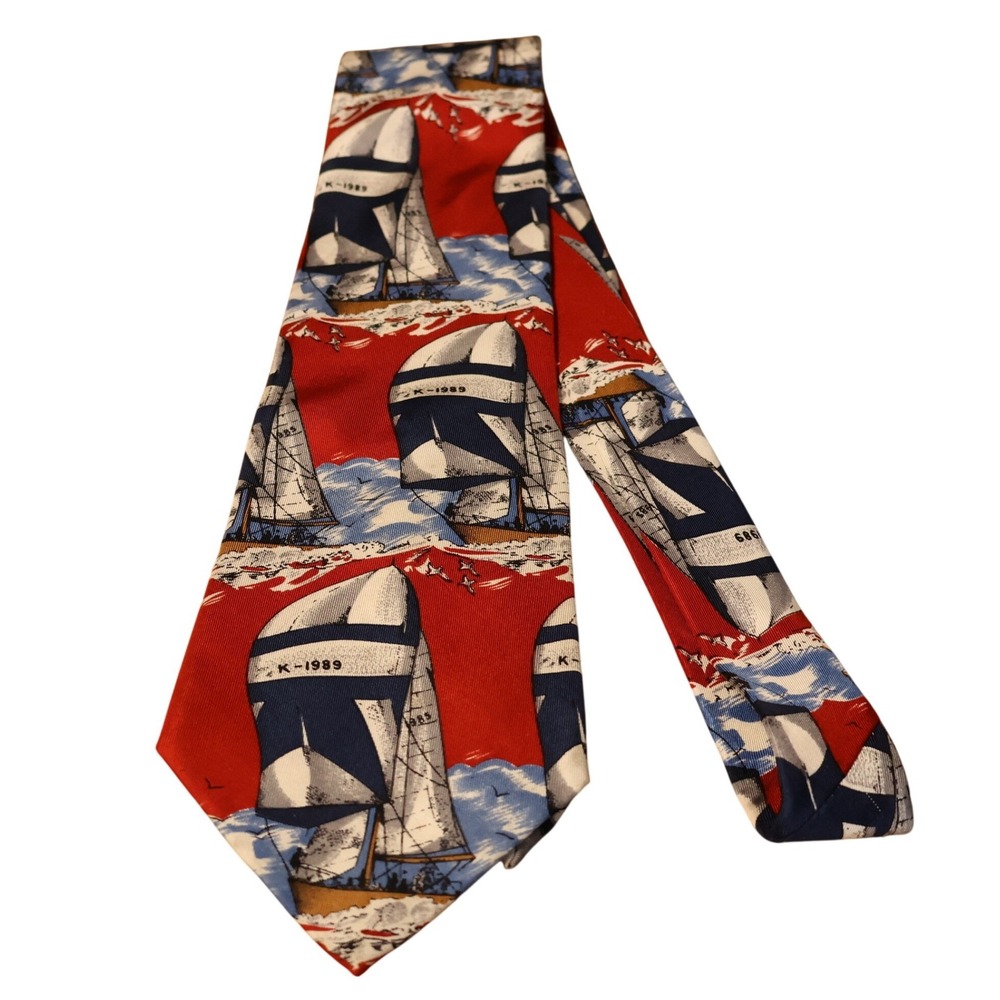 Stafford‎ Sailboat Nautical Print Necktie Mens Silk Red Blue Sailing Preppy